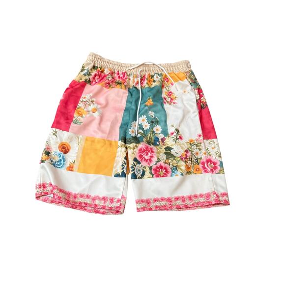 Boutique Floral Patchwork Shorts Colorful Boho Elastic Waist Drawstring Summer - Picture 2 of 4